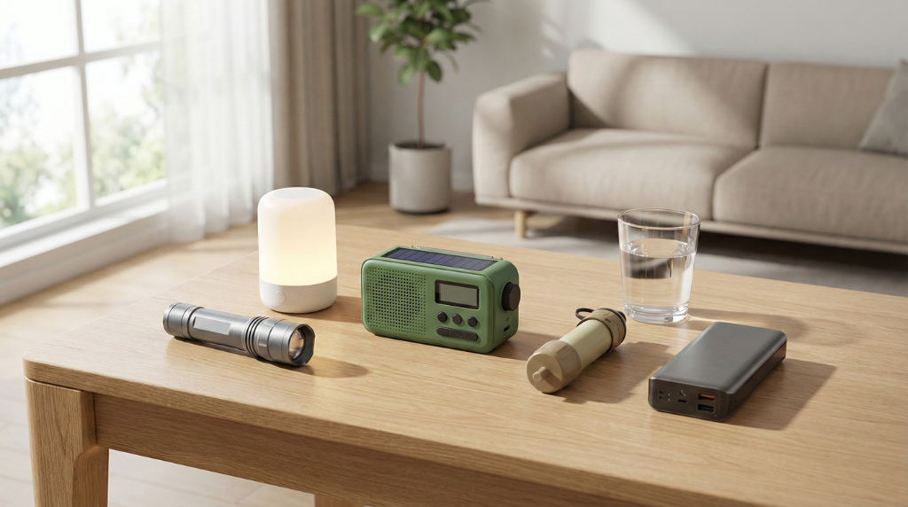 Organized 72-hour emergency kit with lantern, flashlight, power bank, radio, and water filter on a wooden table