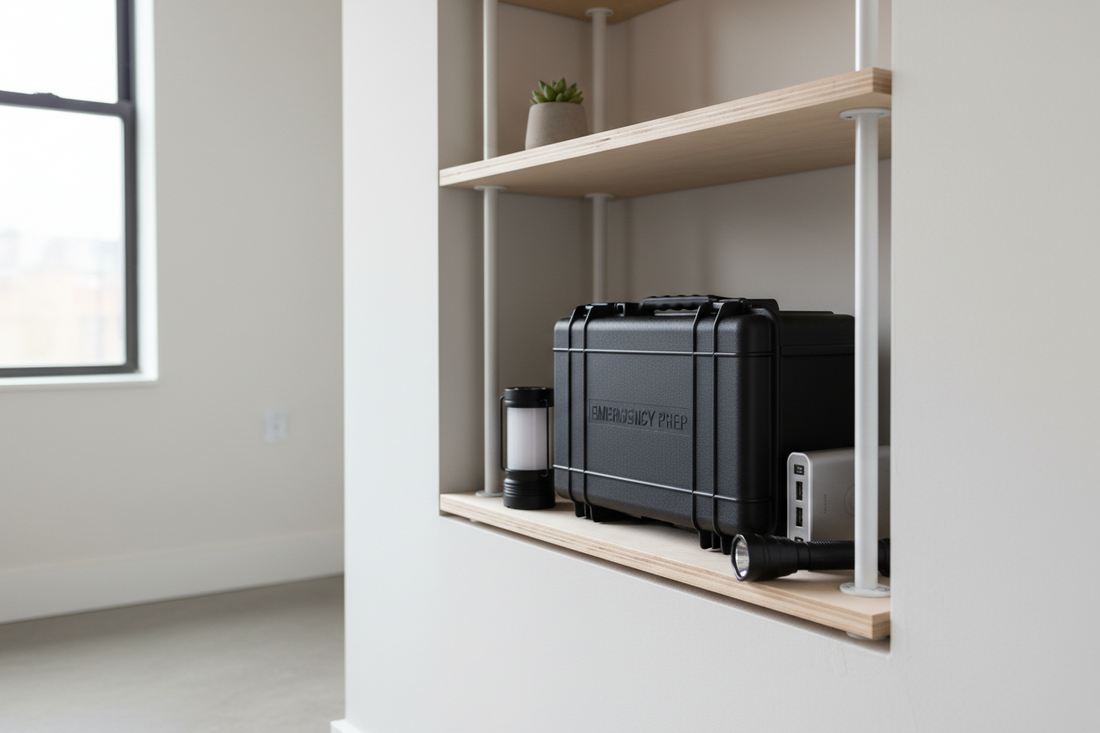 Compact emergency kit neatly stored on shelf in small apartment