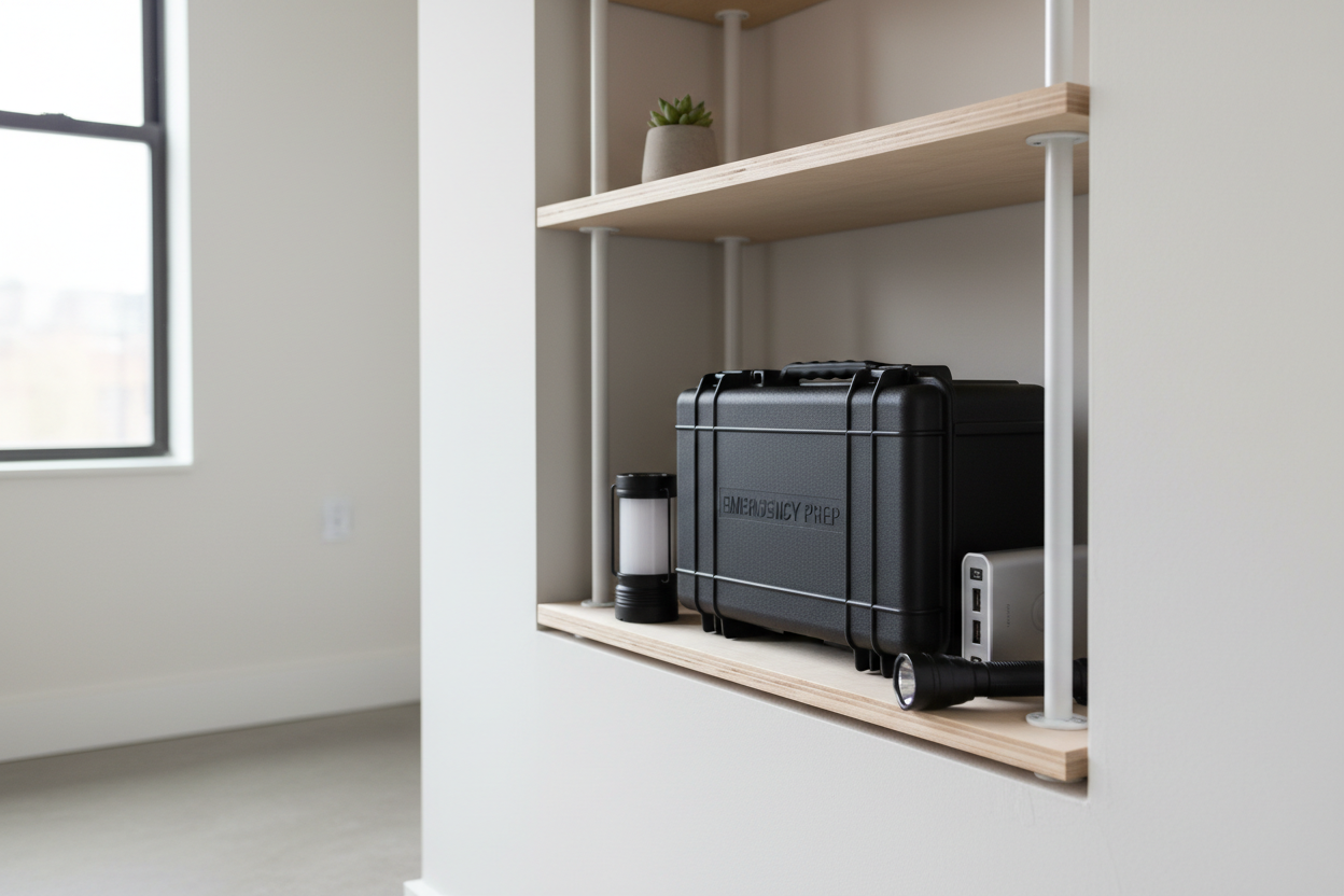 Compact emergency kit neatly stored on shelf in small apartment