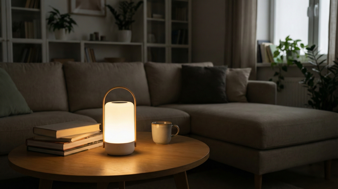 LED lantern glowing on a wooden coffee table during a quiet power outage in a modern living room
