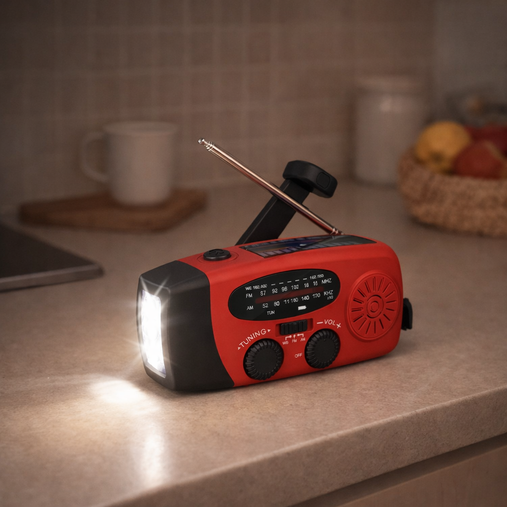 Emergency Hand Crank Weather Radio + Flashlight (1000mAh Power Bank)