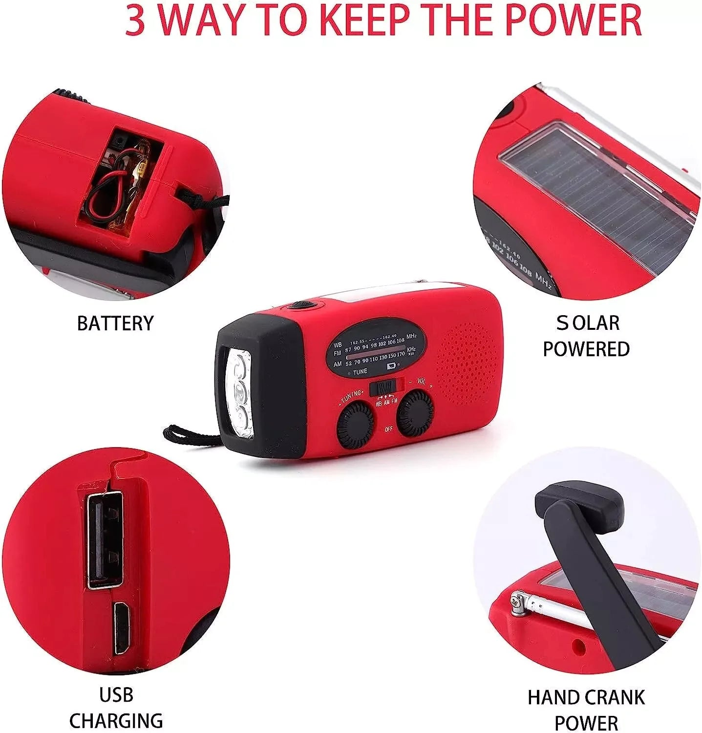 Emergency Hand Crank Weather Radio + Flashlight (1000mAh Power Bank)