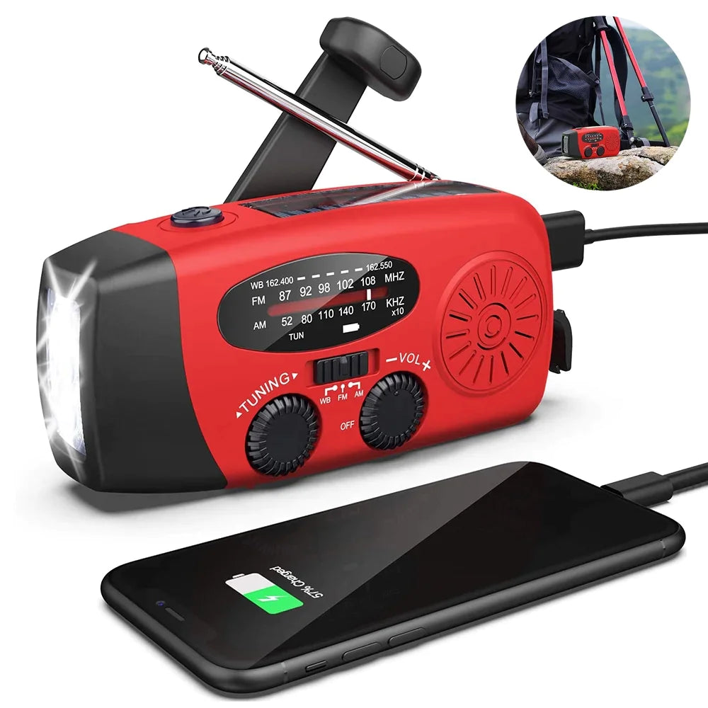 Emergency Hand Crank Weather Radio + Flashlight (1000mAh Power Bank)